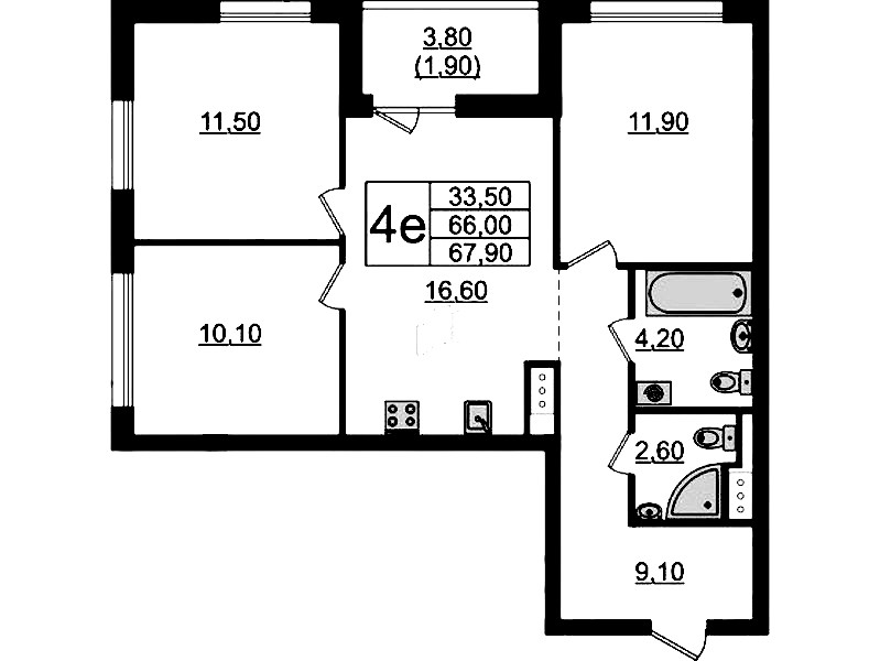 3-комнатная квартира 67.9 м², 8/9 эт., ЖК «А101 Лаголово»